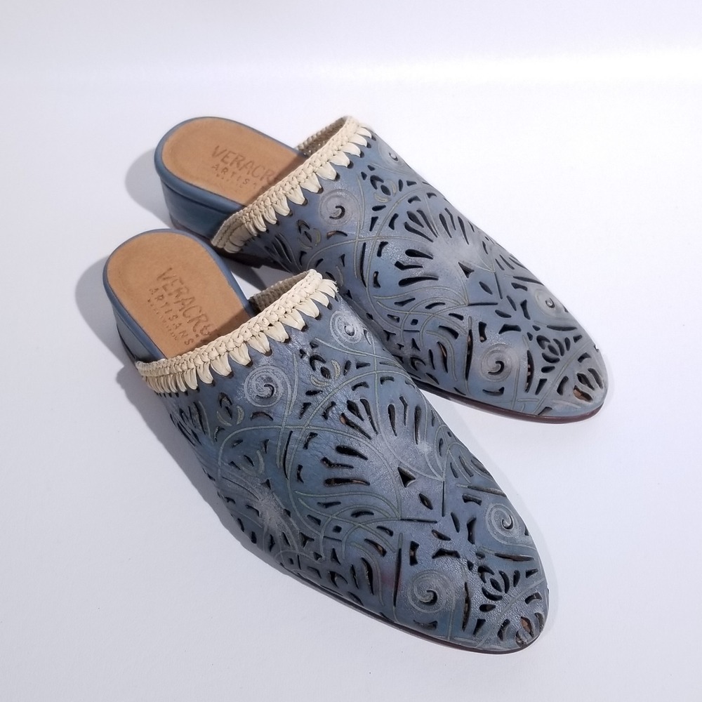 Sundance Vera Cruz Shoes Women 36 Teal Blue Leather Mule Slip On Boho Southwest